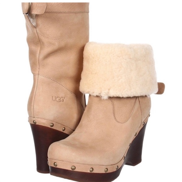 UGG | Shoes | Ugg Carnegie Clog Wedge Boots Suede Shearling Foldover Sz ...